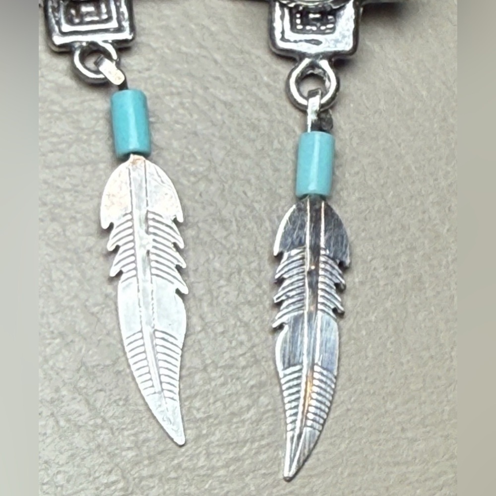 Vtg 925 Sterling Silver Southwestern Turquoise Feather Dangle Earrings by G&S - Picture 2 of 7